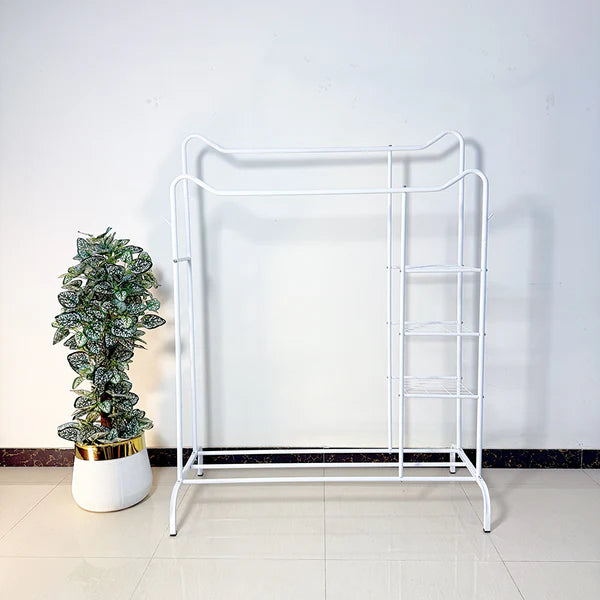 Space-Saving Metal Clothes Stand by Metallics home (D) – With Side Storage Shelves & Hooks