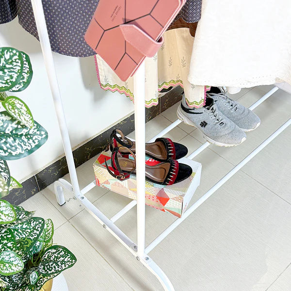 Space-Saving Metal Clothes Stand by Metallics home (D) – With Side Storage Shelves & Hooks