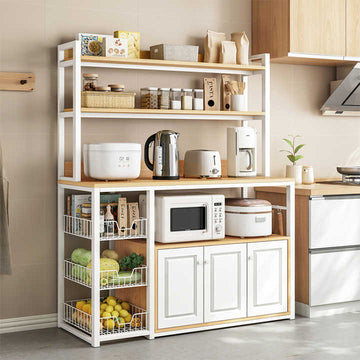Funsole Multi Storage Rack by Metallics Home features a stylish design with multiple shelves, cabinets, and a wire basket for