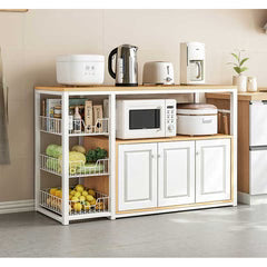 Funsole Multi Storage Rack by Metallics Home features a white frame with wooden top, showcasing baskets and cabinets for orga