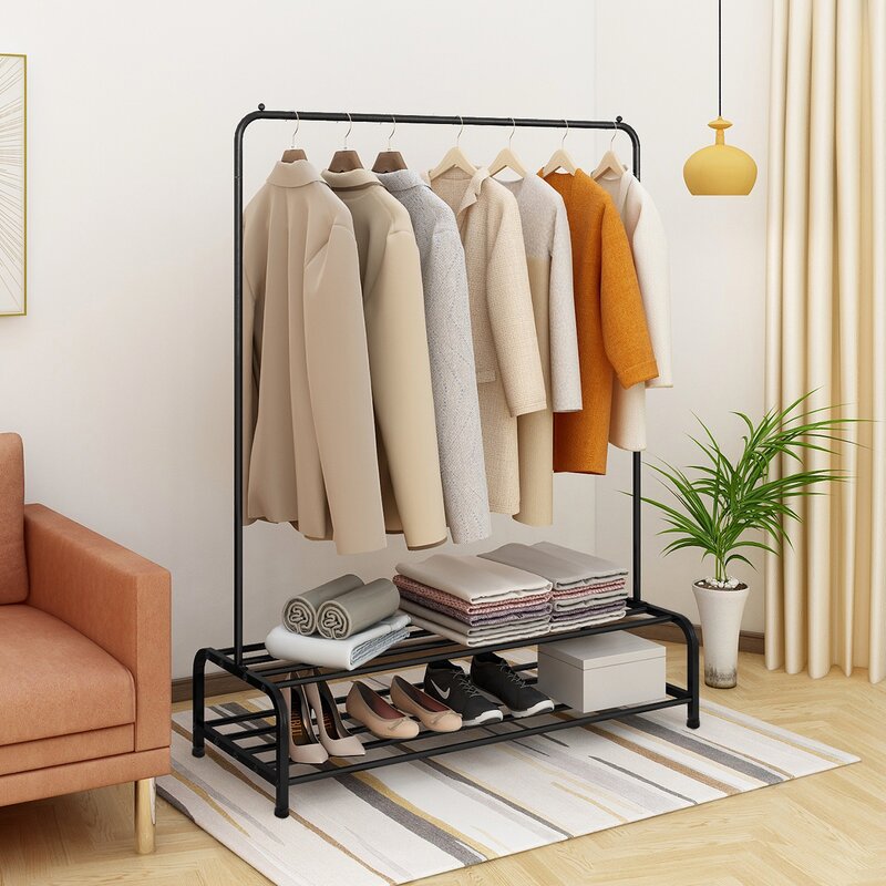 Single Pole Clothes Rack with Double Shoe Shelf By Metallics Home