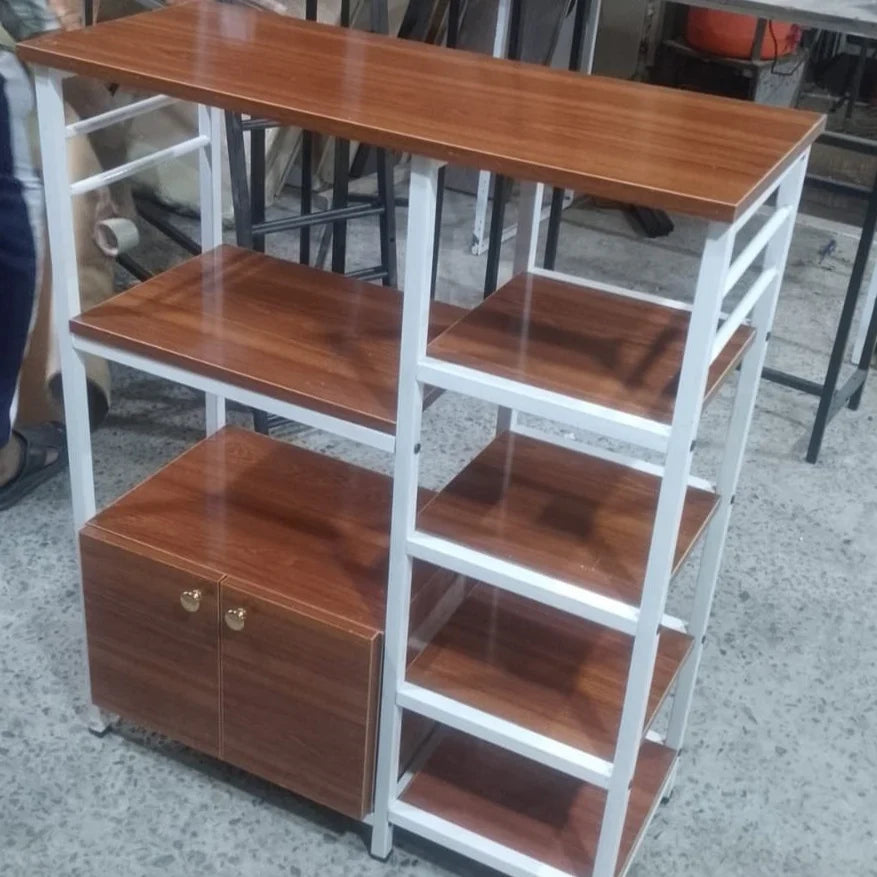 Larakol Kitchen Bakers Oven Rack features a wooden top, multiple shelves, and two cabinet doors, designed for kitchen storage