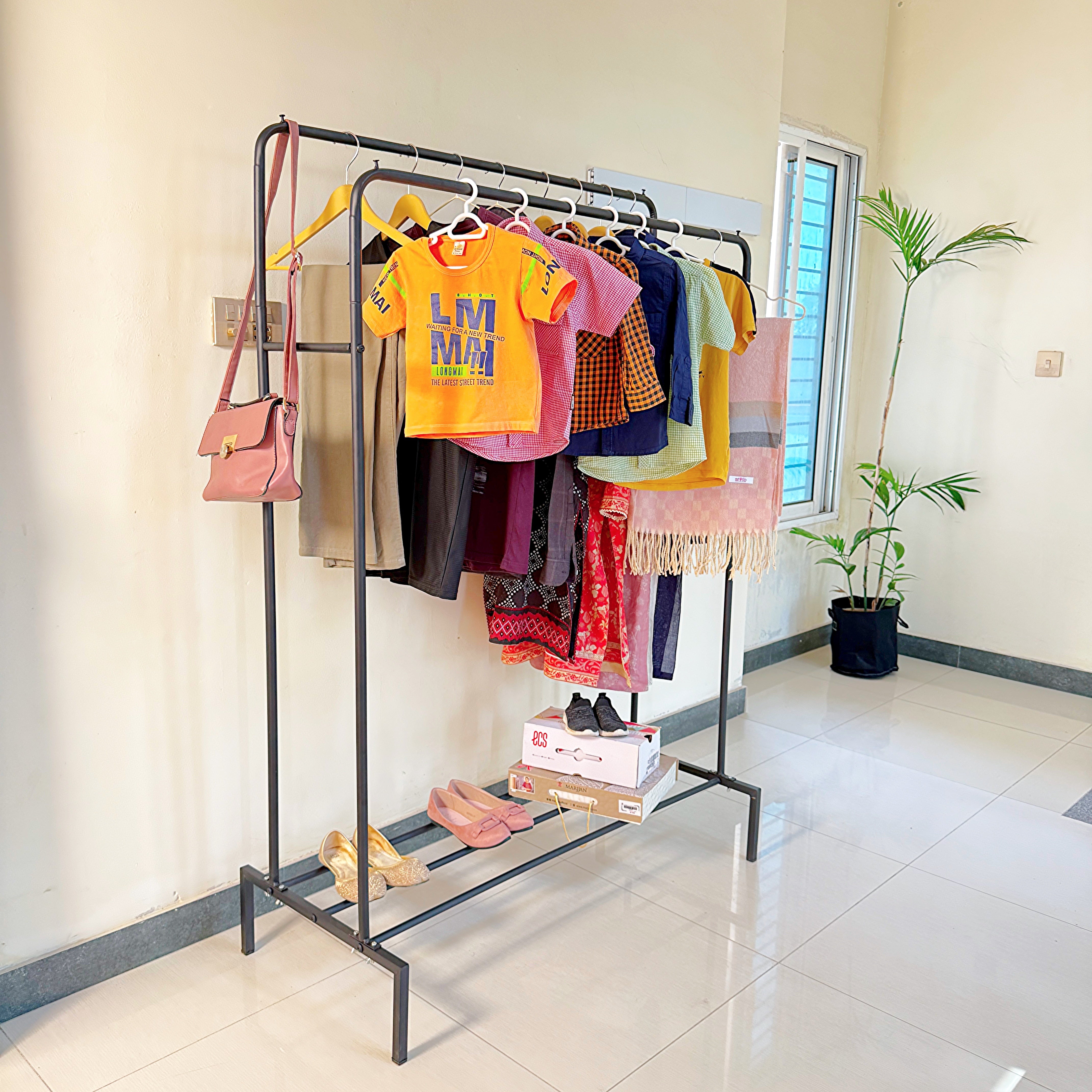 Double Pole Cloth Hanging Stand x Single Shoe Rack By Metallics Home