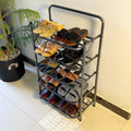 Foldable Metal Shoes Rack by Metallics Home, featuring multiple tiers with various shoes organized neatly.