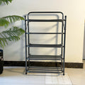 Foldable Metal Shoes Rack by Metallics Home with four shelves, black metal frame, and a compact design for space-saving stora