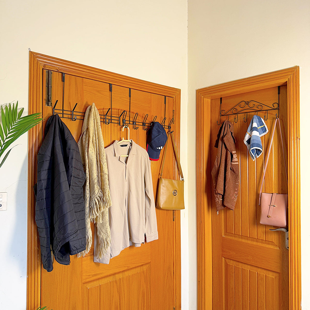 Set of 3 Over the Door Hangers by Metallics Home, featuring hooks for coats, hats, and bags on wooden doors.
