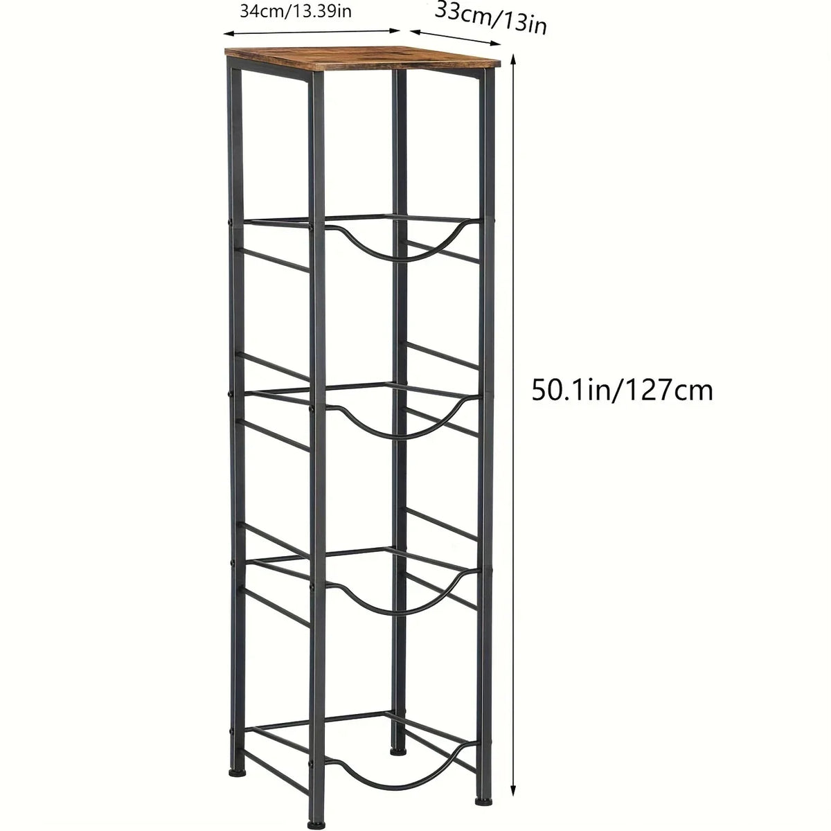4 IN 1 Water Bottle Holder with Dispenser Top by Metallics Home features a tall, black metal frame with wooden top and four s
