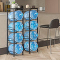 4 IN 1 Water Bottle Holder with Dispenser Top by Metallics Home, featuring a sleek black metal design holding multiple blue w