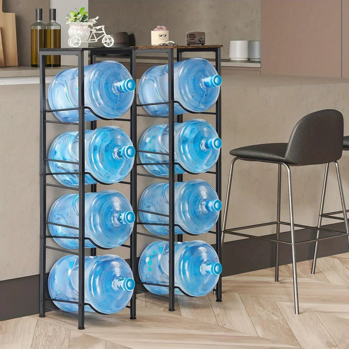 4 IN 1 Water Bottle Holder with Dispenser Top by Metallics Home, featuring a sleek black metal design holding multiple blue w