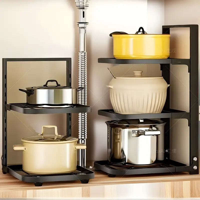 Floor Standing Kitchen Shelf by Metallics Home featuring multiple shelves with pots and pans in various colors and sizes.