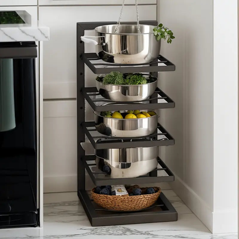 Floor Standing Kitchen Shelf by Metallics Home featuring four shelves with stainless steel pots and a woven basket for storag
