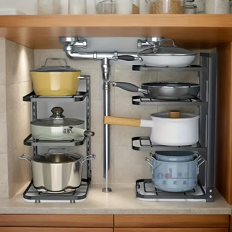 Floor Standing Kitchen Shelf by Metallics Home featuring multiple shelves for organized pot and pan storage in a modern kitch