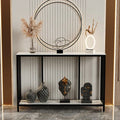 Decigi Entryway Hallway Living Lounge Console Table featuring a sleek black frame, white top, and decorative vases and sculpt