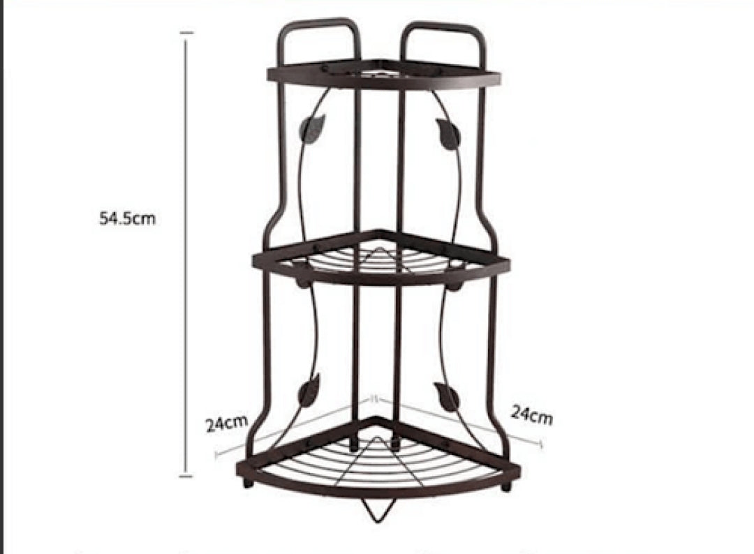 Space-Saving 3-Tier Kitchen Corner Rack by Metallics Home, featuring three shelves and a sleek design for efficient storage.