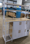 Larakol Kitchen Bakers Oven Rack features a wooden top, storage cabinets, and wire baskets, ideal for kitchen organization.