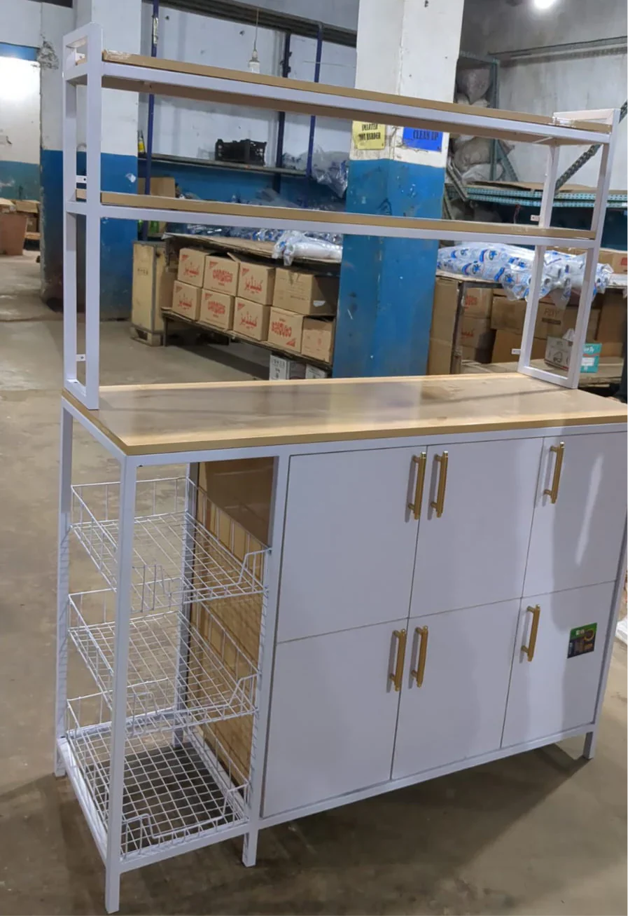 Larakol Kitchen Bakers Oven Rack features a wooden top, storage cabinets, and wire baskets, ideal for kitchen organization.