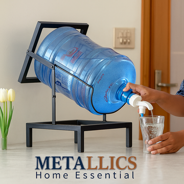 Swinging Bottle Rack by Metallics Home holds a large water bottle at an angle for easy dispensing into a glass.