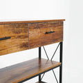 Console Table 1 by Metallics Home features a rustic wood finish, two drawers, and a black metal frame with an open shelf.