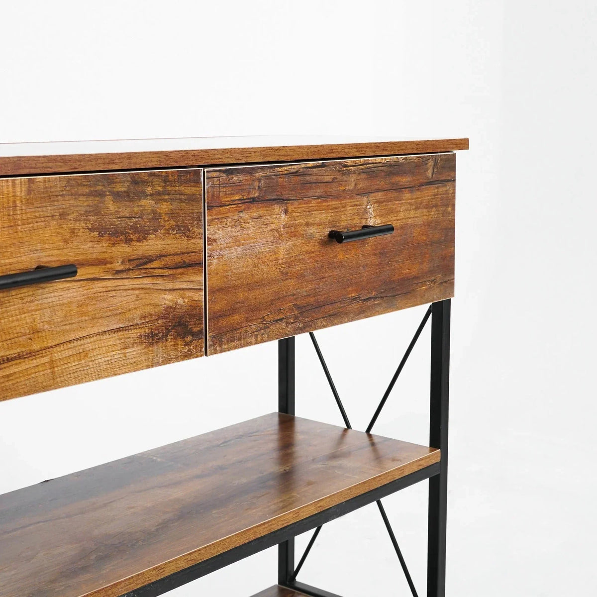 Console Table 1 by Metallics Home features a rustic wood finish, two drawers, and a black metal frame with an open shelf.