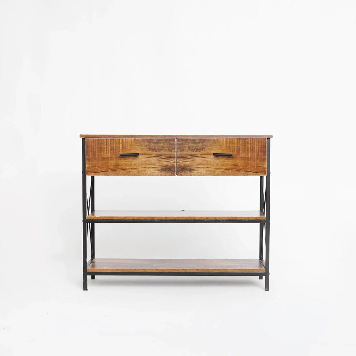 Console Table 1 by Metallics Home features a wooden top, two drawers, and an open shelf design with a metal frame.