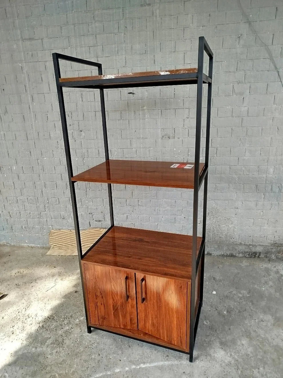 Maxistack multipurpose storage rack with cabinets featuring a wooden finish and black metal frame, ideal for organizing items