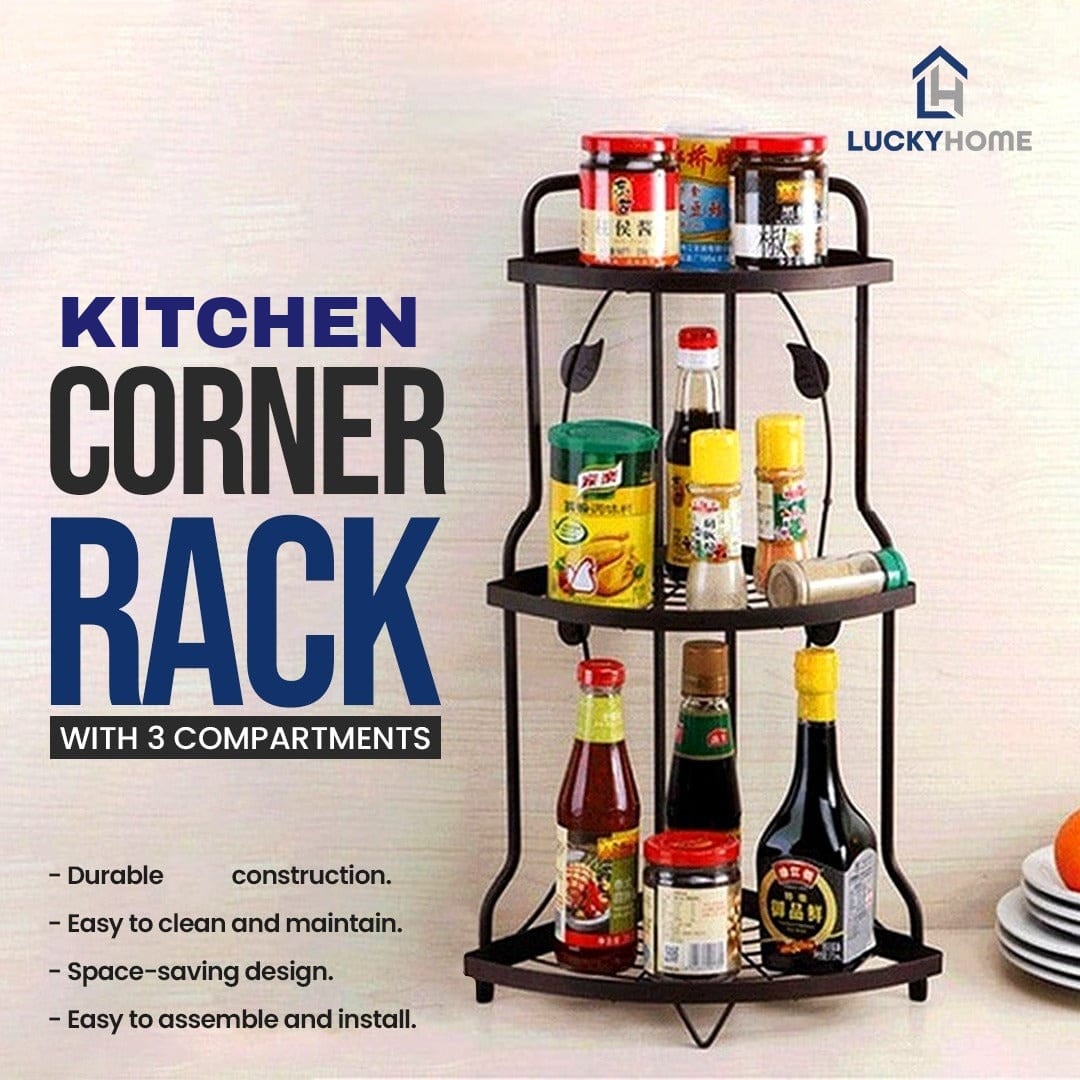 Space-Saving 3-Tier Kitchen Corner Rack by Metallics Home, featuring a durable design with three compartments for organizing 