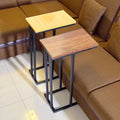 Wooden C Table and Side Table by Metallics Home featuring a light wood finish and a dark wood finish, with black metal frames