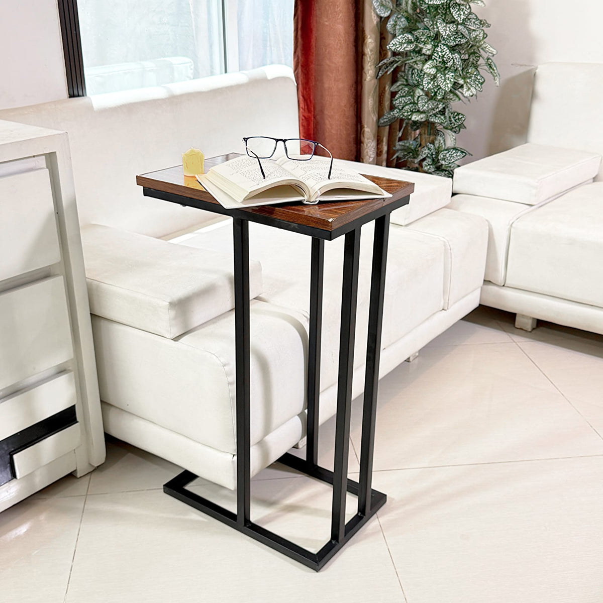 Wooden C Table and Side Table by Metallics Home featuring a sleek design with a wooden top and metal legs, ideal for small sp