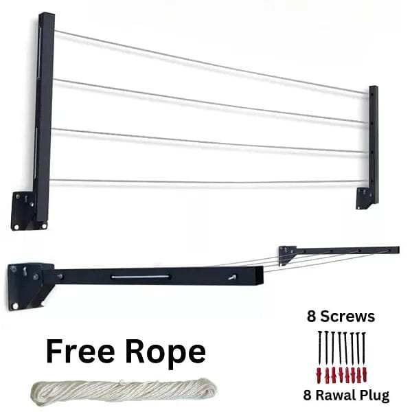 Cloth Drying Stand with Free Rope, foldable, wall-mounted, featuring 4 drying lines and installation hardware included.