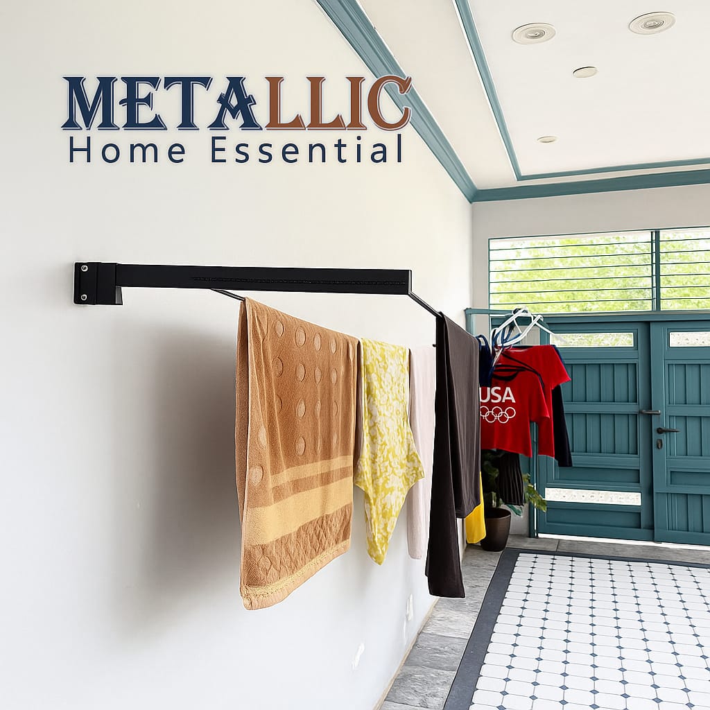 Foldable wall-mounted cloth drying stand with free rope, displaying various towels and clothes in a bright indoor space.