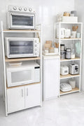 Maxistack multipurpose storage rack with cabinets featuring white shelves, kitchen appliances, and organized storage items.