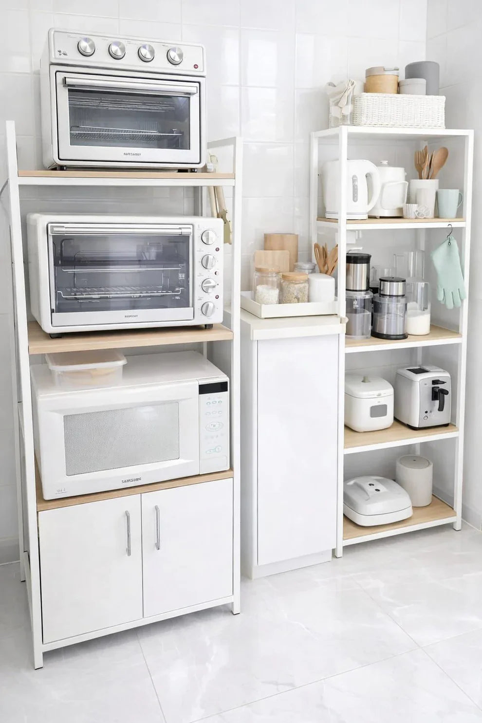 Maxistack multipurpose storage rack with cabinets featuring white shelves, kitchen appliances, and organized storage items.
