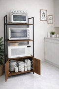 Maxistack multipurpose storage rack with cabinets featuring three shelves for appliances and a lower cabinet for dishes.