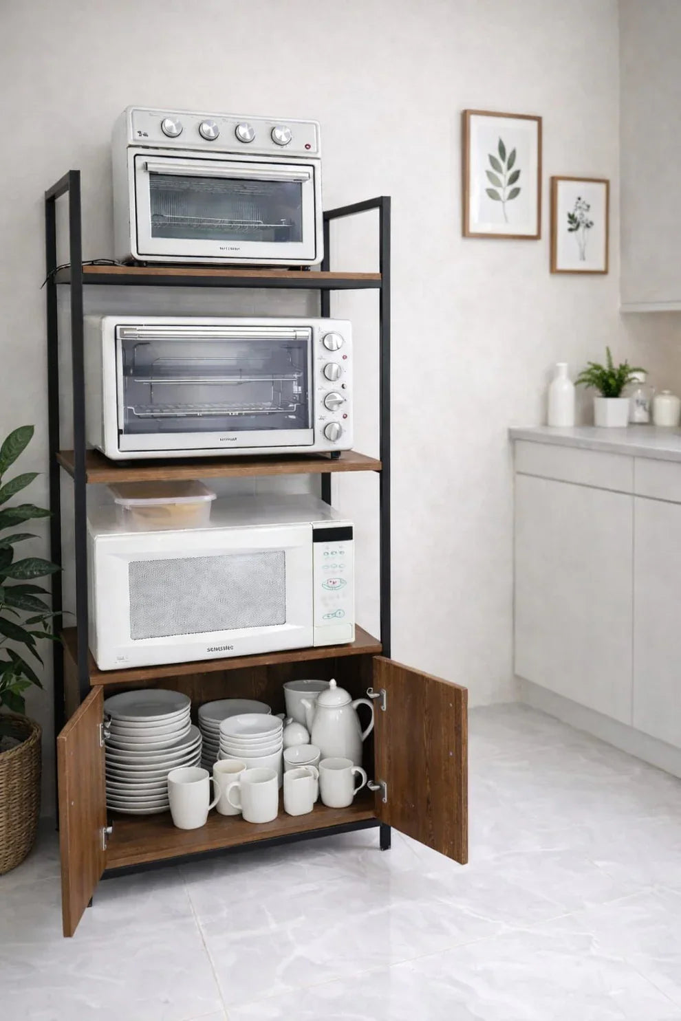 Maxistack multipurpose storage rack with cabinets featuring three shelves for appliances and a lower cabinet for dishes.