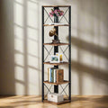 Plinth Bookcase Storage Organizer Rack by Metallics Home features a tall, industrial-style shelf with five wooden shelves and