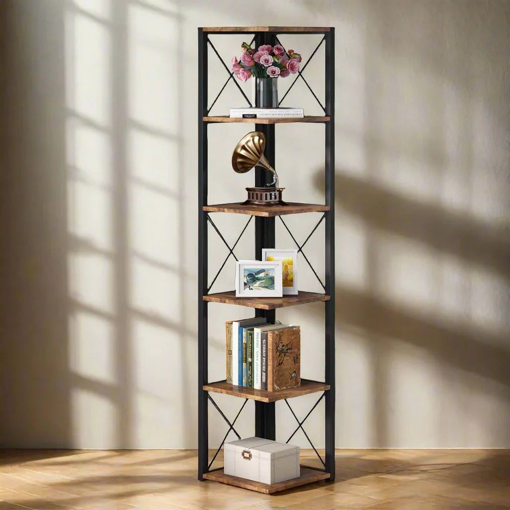 Plinth Bookcase Storage Organizer Rack by Metallics Home features a tall, industrial-style shelf with five wooden shelves and
