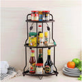 Space-Saving 3-Tier Kitchen Corner Rack by Metallics Home, featuring three shelves holding various bottles and jars.