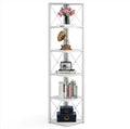 Plinth Bookcase Storage Organizer Rack by Metallics Home features a tall, white shelving unit with decorative items and books