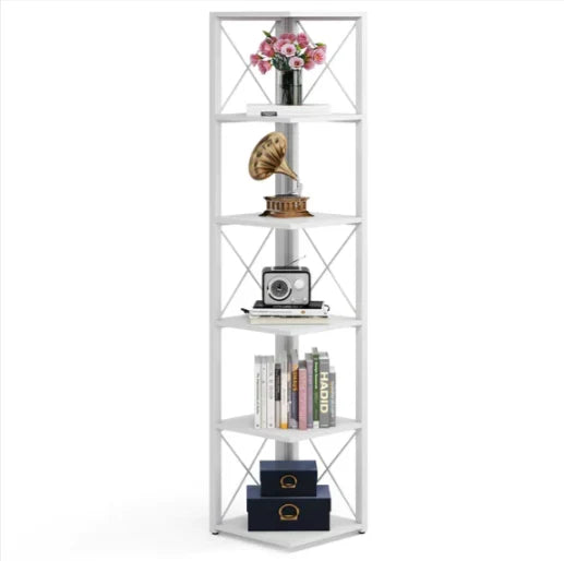 Plinth Bookcase Storage Organizer Rack by Metallics Home features a tall, white shelving unit with decorative items and books