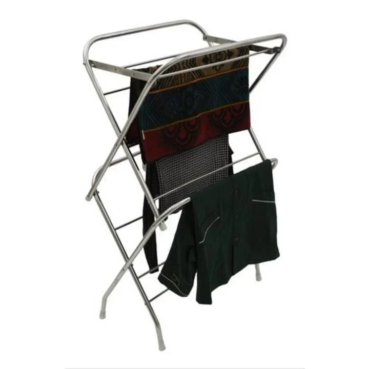 Folding Cloth Dry Stand by Metallics Home, rust-proof, with clothes hanging on it, ideal for household balcony use.