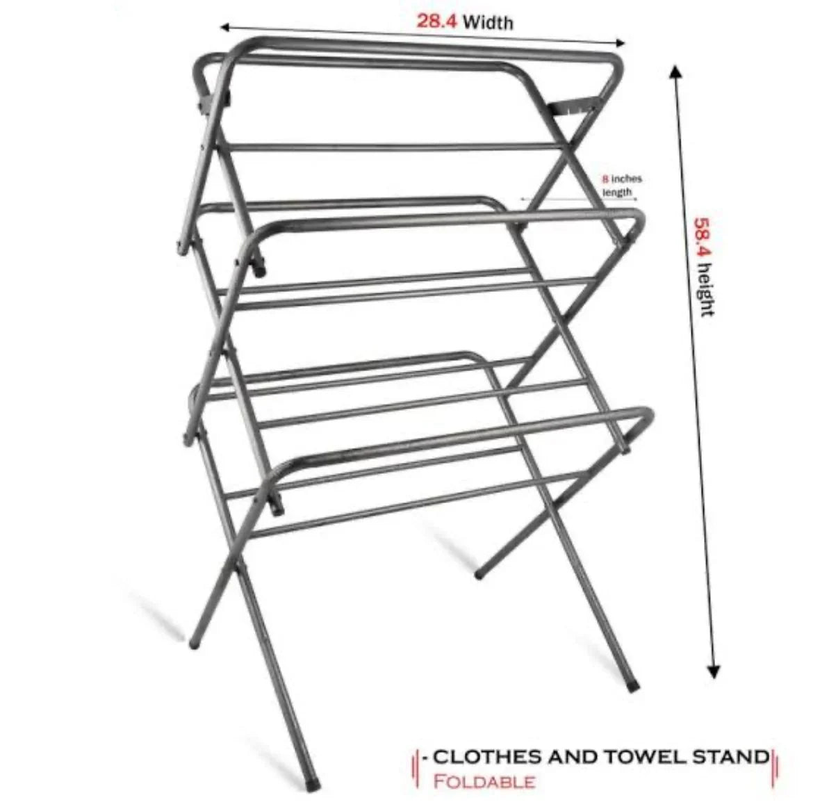 Folding Cloth Dry Stand by Metallics Home, rust-proof, 28.4" wide, 58.4" tall, features three drying tiers, foldable design.