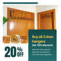 Set of 3 Over the Door Hangers by Metallics Home displayed on wooden doors, promoting a 20% discount for combo deals.
