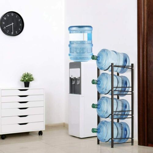 Water Bottle Holder by Metallics Home, featuring a sleek black rack holding multiple blue water bottles next to a water dispe