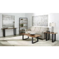 Yost Entryway Lounge Console Organizer Table features a modern design with a wooden top and metal legs, set in a stylish livi