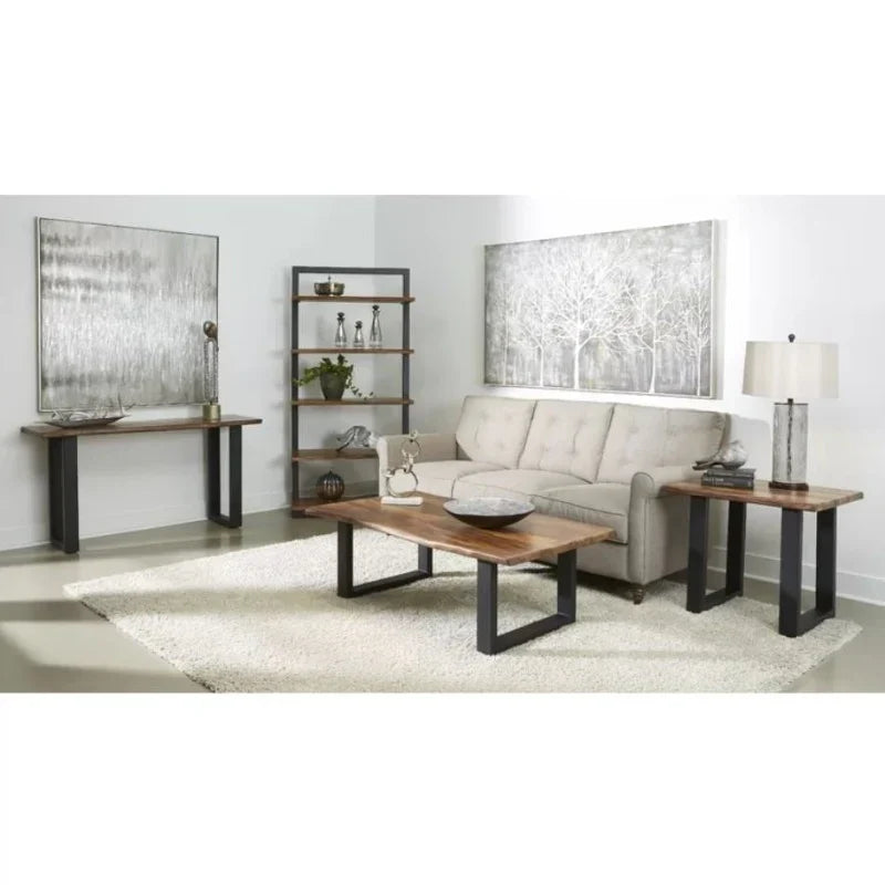 Yost Entryway Lounge Console Organizer Table features a modern design with a wooden top and metal legs, set in a stylish livi