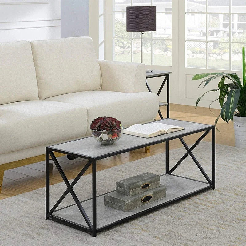 Loft Ehrlich Living Lounge Drawing Room Center Table features a sleek black metal frame with a gray top and lower shelf, styl