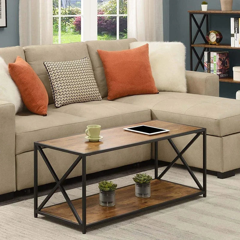 Loft Ehrlich Living Lounge Center Table with wooden top, metal frame, and lower shelf, placed in a cozy living room setting.